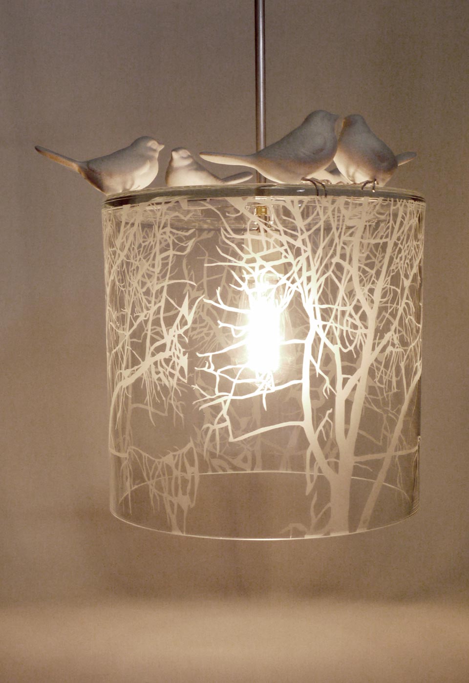 Hanging Lampshade In Blown Glass White Branches Shadows - Pewter And Glass Pendant Lights Hanging Lampshade In Blown Glass White Branches Shadows - Pewter And Glass Pendant Lights