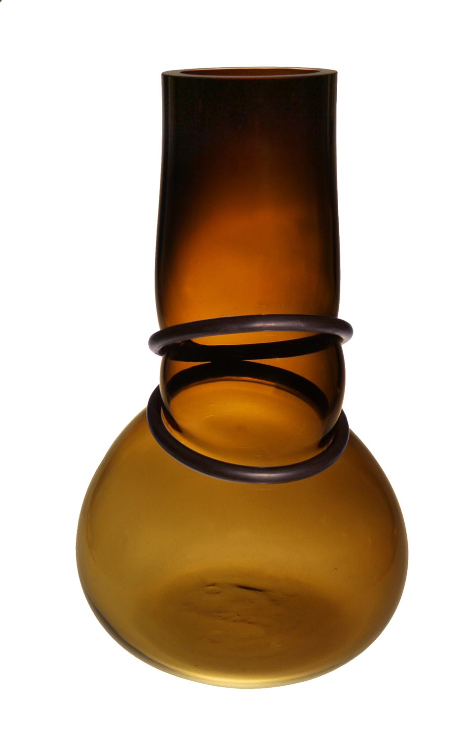 Blown glass vase with two rings in black metal vase colors double ring amber colored blown glass R