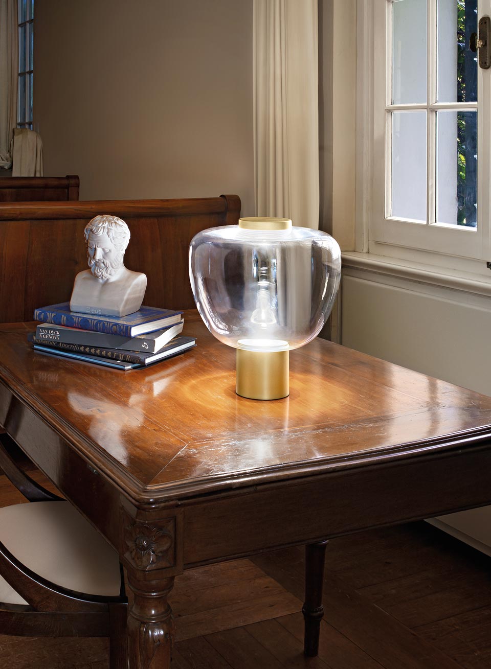 Reflex table lamp transparent glass and satin brass. Vistosi. 