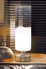 Small clear and white Murano glass table lamp in cylinder Lio Collection. Vistosi. 