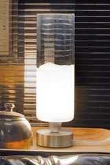 Small clear and white Murano glass table lamp in cylinder Lio Collection. Vistosi. Small clear and white Murano glass table lamp in cylinder Lio Collection. Vistosi.