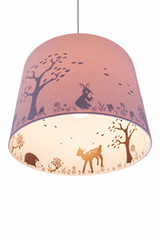 Suspension cylindrique rose avec des silhouettes les animaux de la forêt . Waldi Leuchten. 